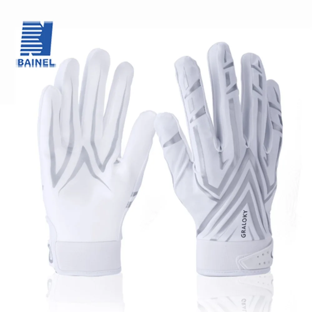 1Pair American Football Gloves White Silver Sticky Wide Receiver Gloves Anti-slip Breathable Adjustable Wrist Rugby Gloves