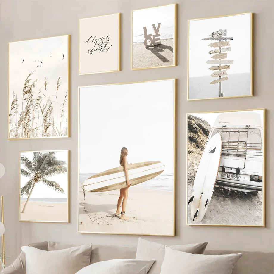 Summer Surf Landscape Beige Posters Canvas Painting Wall Art Pictures For Living Room Decor Beach Surfboard Starfish Reeds