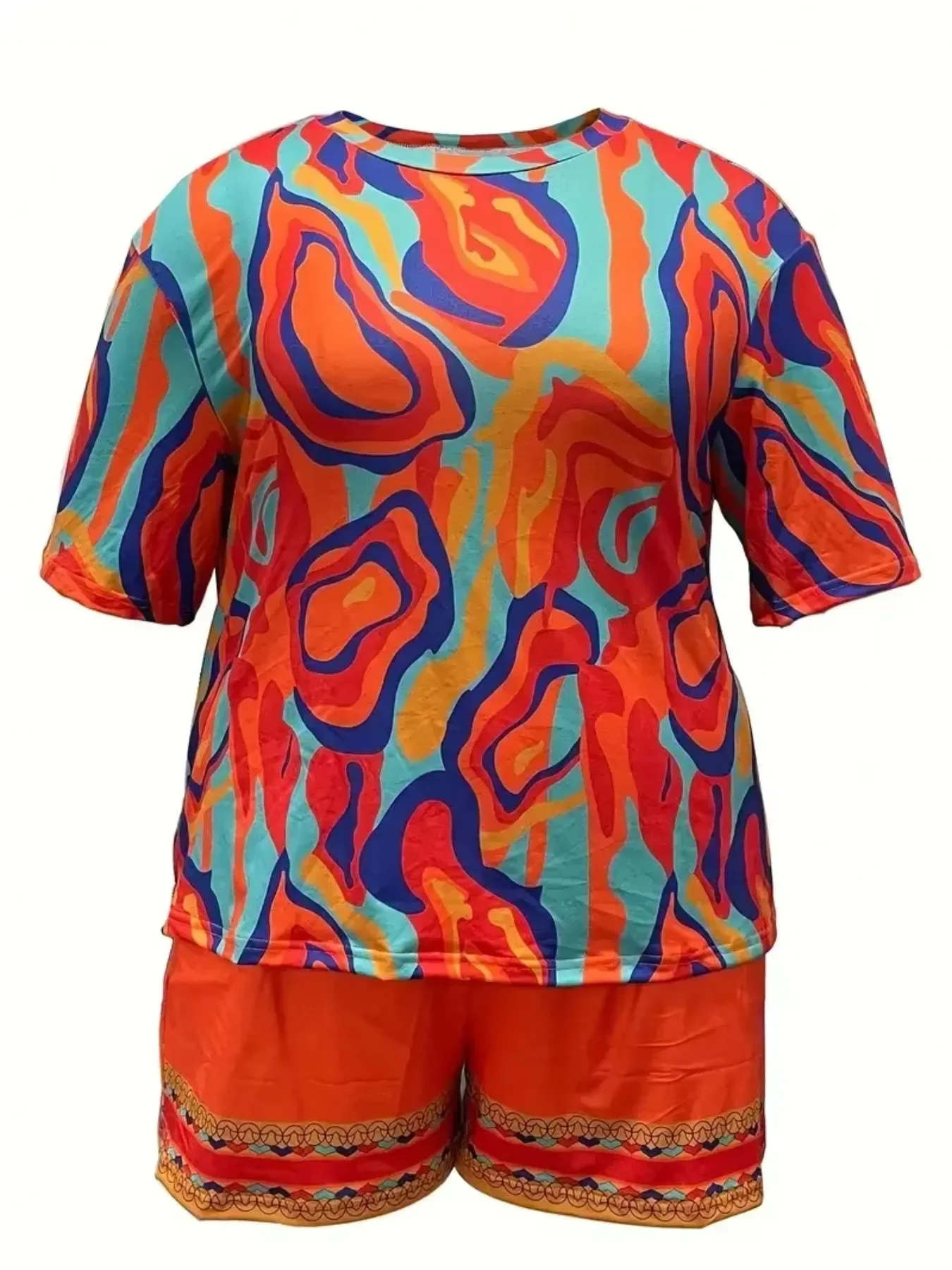 Women’s Plus Size 1XL-5XL Casual Colorful Abstract Print Pajama Set Short Sleeve Round Neck Suit Ladies Summer Loungewear