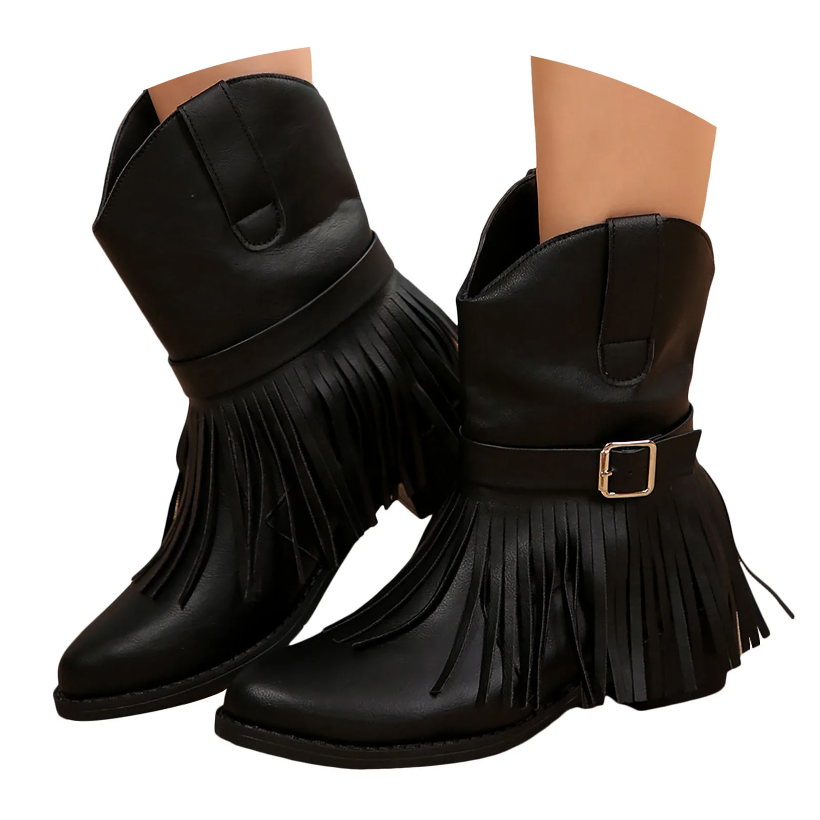 2024 New Fashion Tassels Women Autumn Square Heels Slip On Tassels Solid Short Booties Round Toe Shoes 10 Wide Boots for Women