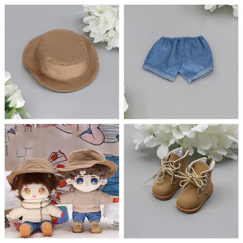 Beige Sweater for Stuffed Idol Doll 20CM Doll Clothes with Denim Shorts Brown Fisherman Hat Cosplay Toy Accessories