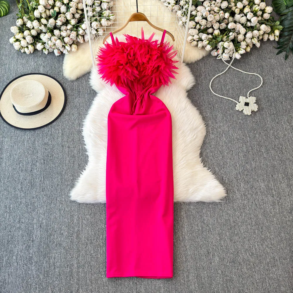 

Sexy Long Evening Gown with Furry Collar Bodycon Skirt High Waist Slit Korean Sle Mid-Length Single-Piece Women's Dr