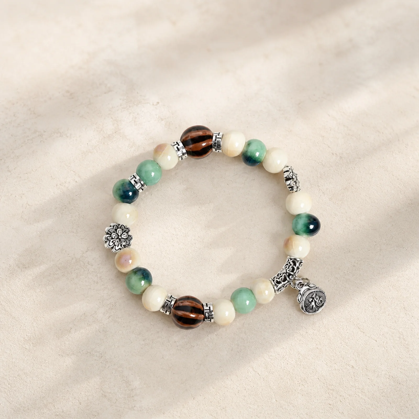 Handmade Ceramic Fu Character Charm Bracelet with Double Gourd Beads Watermelon Bead Handwoven Cord Metal Accents 608P6-14