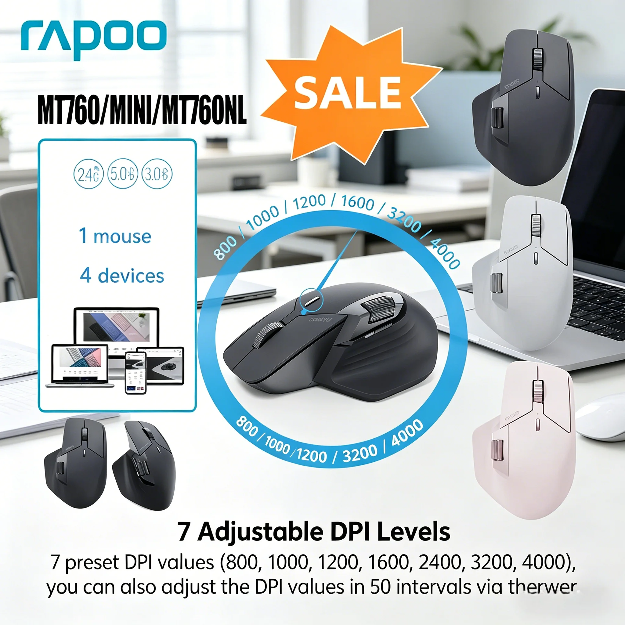 2026 New Rapoo MT760 Mini Wireless Mouse Multi-mode Bluetooth Rechargeable Ergonomic 4000DPI Silent Mice Support 4 Devices