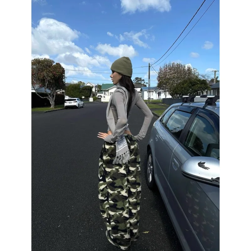 

Четырехсезонные моющиеся камуфляжные прямые брюки Y2K для женщин, укороченные брюки для повседневной повседневной носки