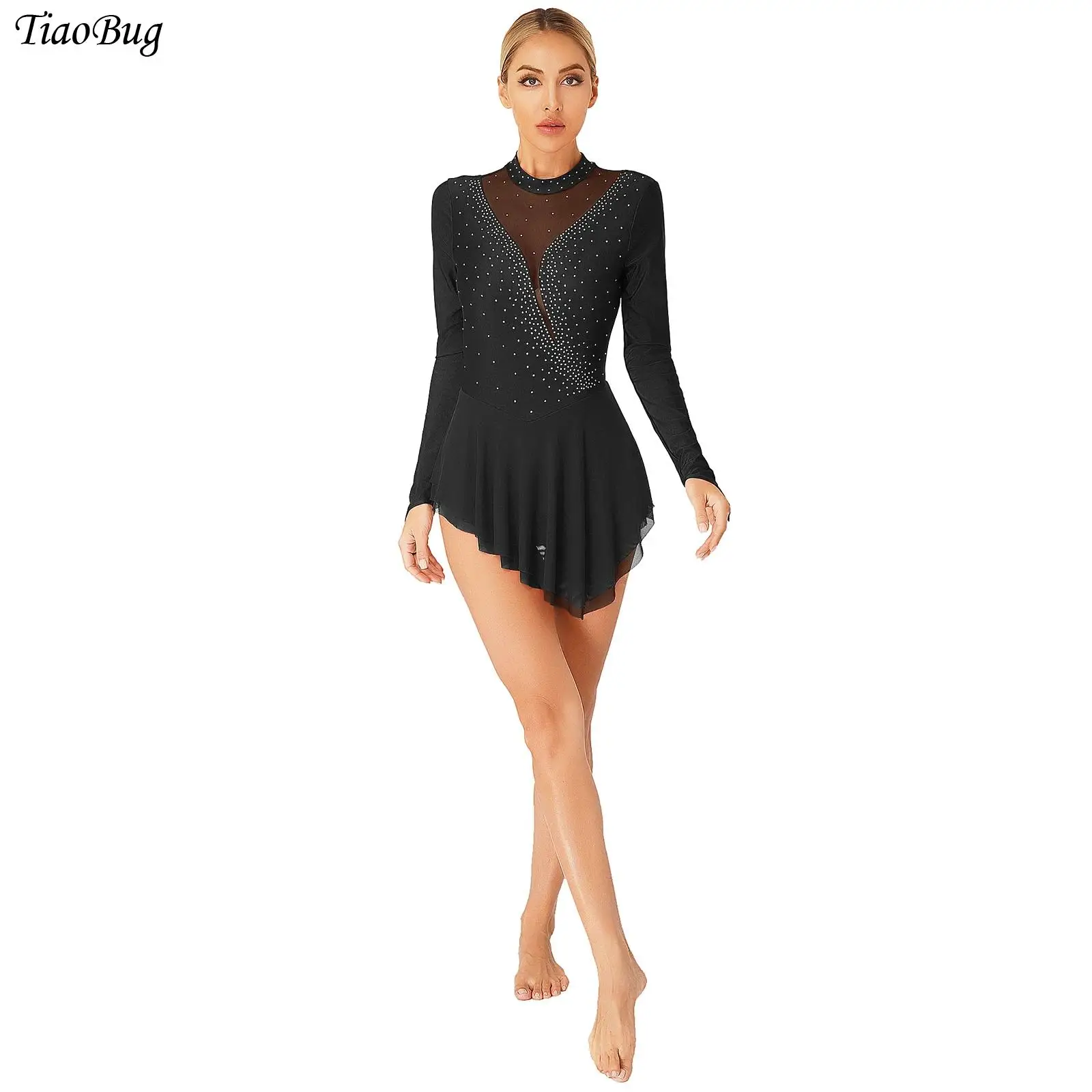 

Womens Lyrical Dance Dress Figure Ice Skating Modern Contemporary Dancewear Long Sleeve Shiny Rhinestone Sheer Mesh Dresses