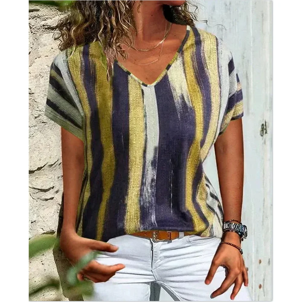 Striped Color Block 3D Printed T-Shirts Women\'s Casual Fashion Vintage Short Sleeve V-Neck T Shirt Girl Tees Tops Woman Clothing