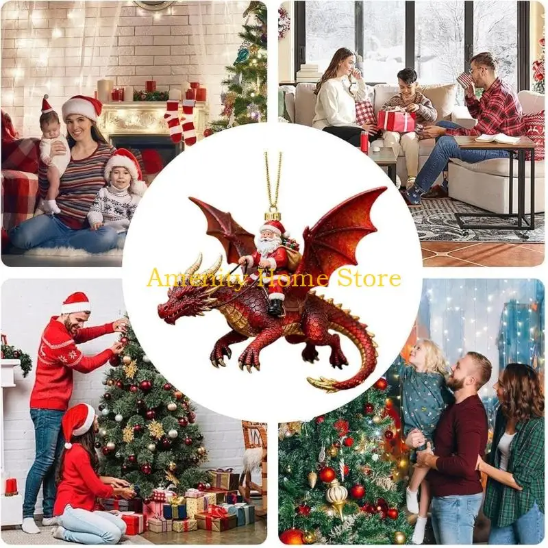 F26C Fantasy Resin Santa Riding Dragon Pendant, Christmas Tree Pendant, Sculpting Holiday Hanging Ornament for Indoor Seasonal