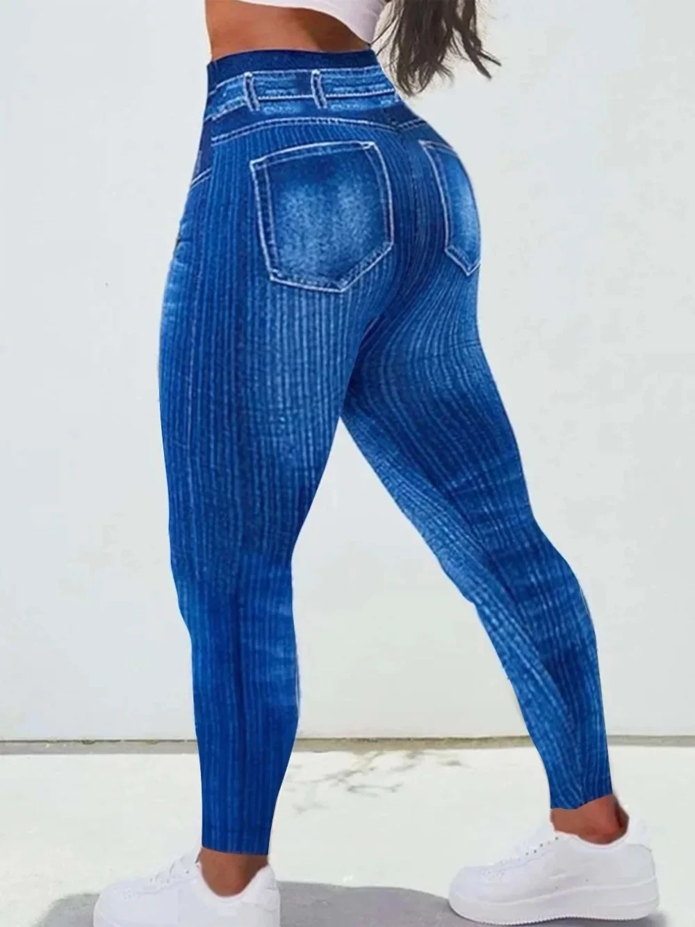 Modne damskie Plus Size sportowe legginsy z nadrukiem dżinsowym na wysoki wzrost lekkim legginsy Capri