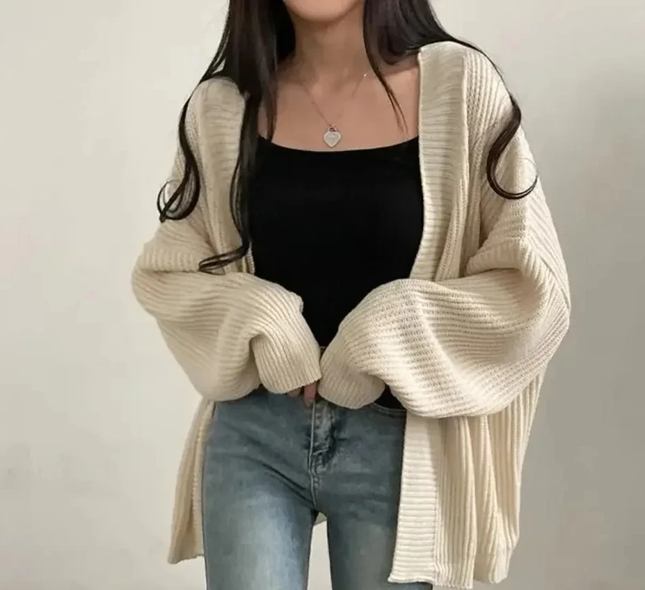 

Женский вязаный кардиган в корейском стиле с длинным рукавом, свободный крой, повседневный свитер средней длины