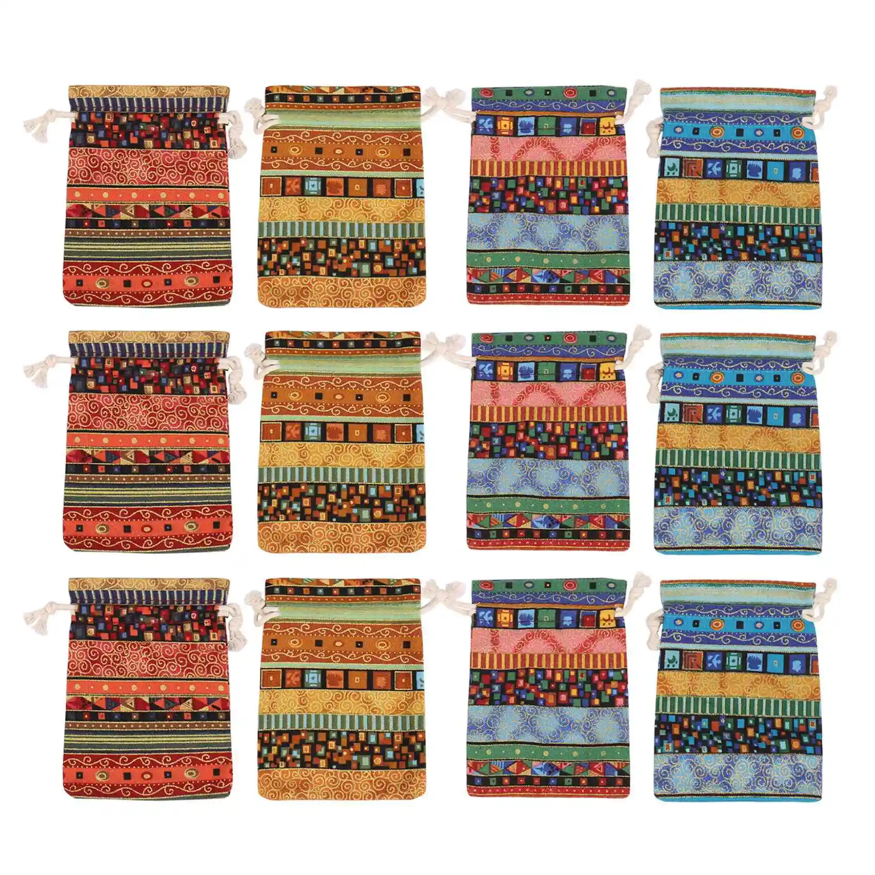 12pc Egyptian Style Jewelry Coin Pouch Print Drawstring Gift Bag Cotton Sachet Candy Travel Purse Ethnic