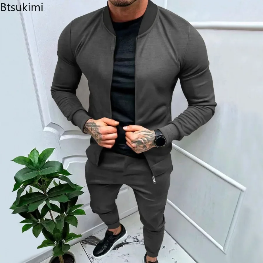 2024 Men\'s Casual 2PCS Pants Sets Solid Slim Tracksuits Sets Man Stand Collar Long Sleeve Zipper Jackets and Trousers Sets Male