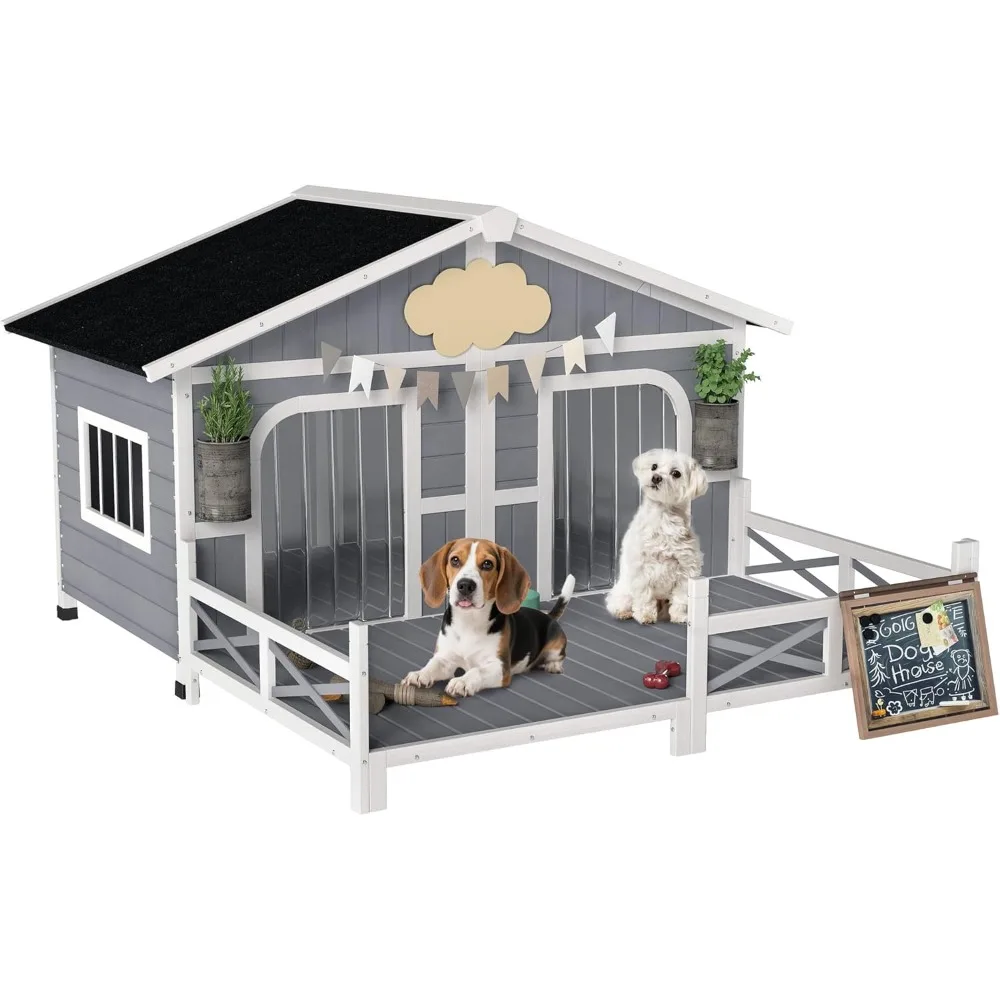 

Dog House Outdoor, Wooden Dog Kennel Weatherproof with Porch, Openable Roof, Removable Bottom, Elevated Floor