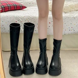 Mulheres grossas joelho botas altas moda deslizamento em cavaleiro botas longas plataforma apartamentos outono inverno sapatos