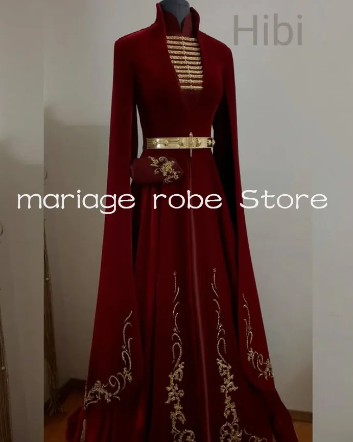 

Бордовый бархатный мусульманский кафтан, платья для выпускного вечера с поясом, накидка с вышивкой, блестящее черкесское национальное вечернее платье, наряд на заказ