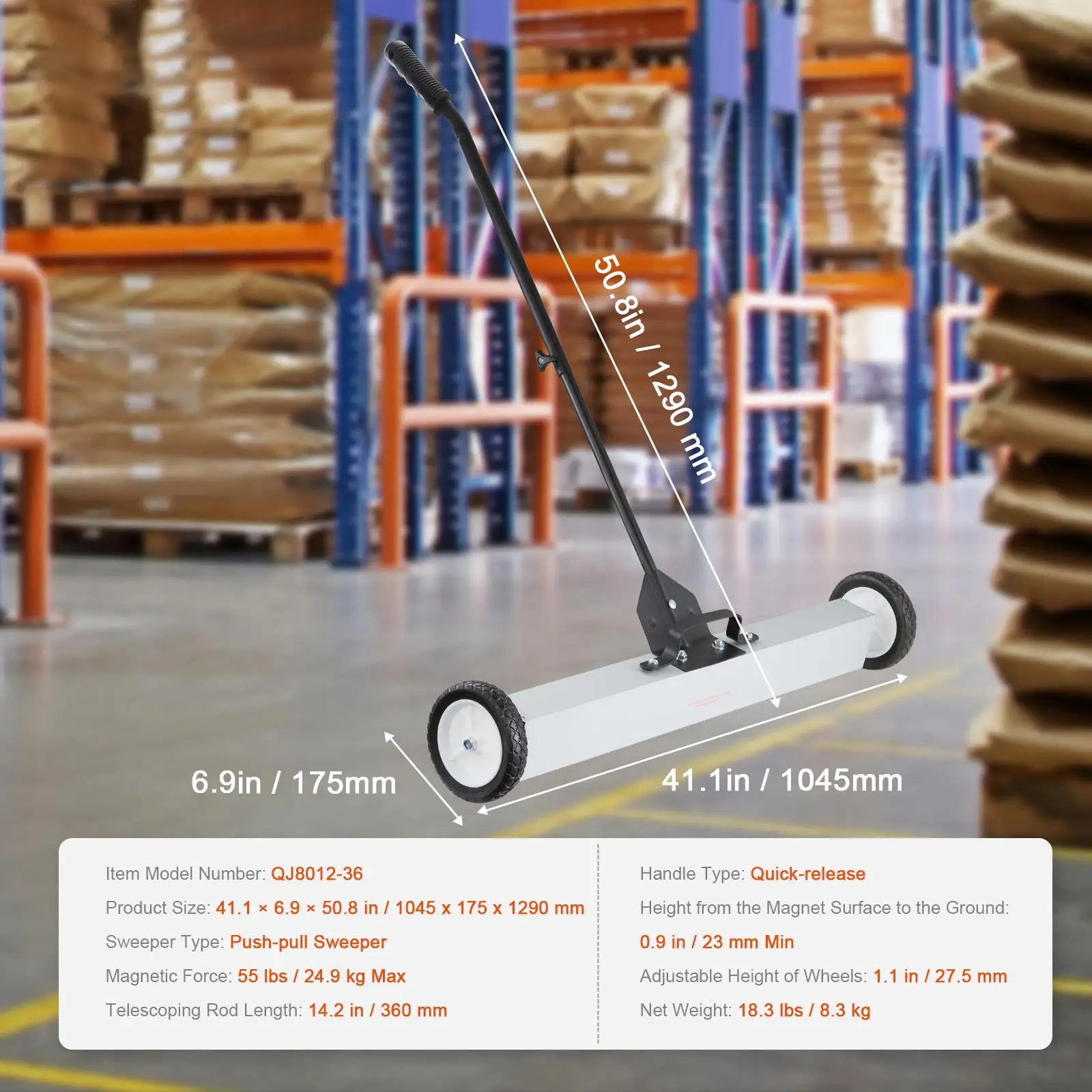 55 Lbs Rolling Magnetic Sweeper with Wheels Push Type 36 Inch Large Magnet Pickup Tool with Telescoping Handle for Workshop Garage Yard Lawn Cleanup