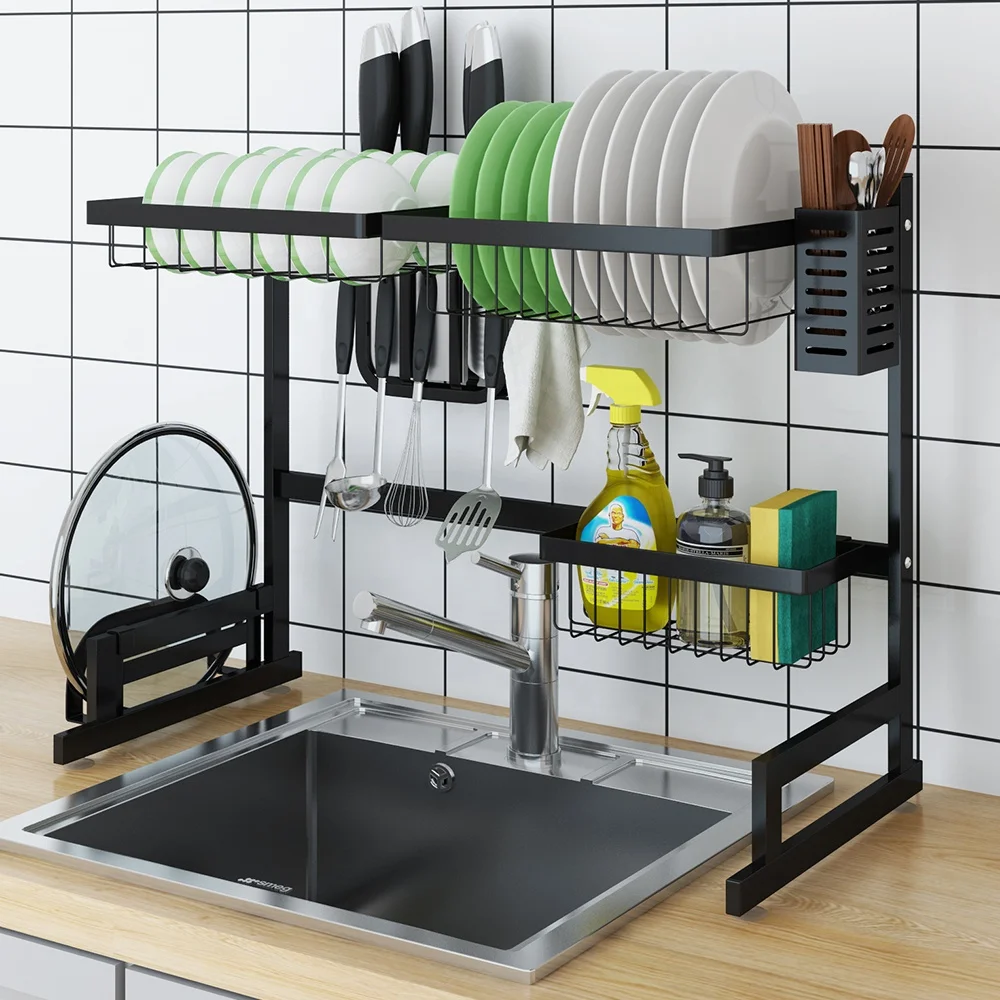 

Wholesale 65CM Stainless Steel Kitchen Sink Drain Rack with Black Storage Basket Metal Accessory for Dishes and Tableware