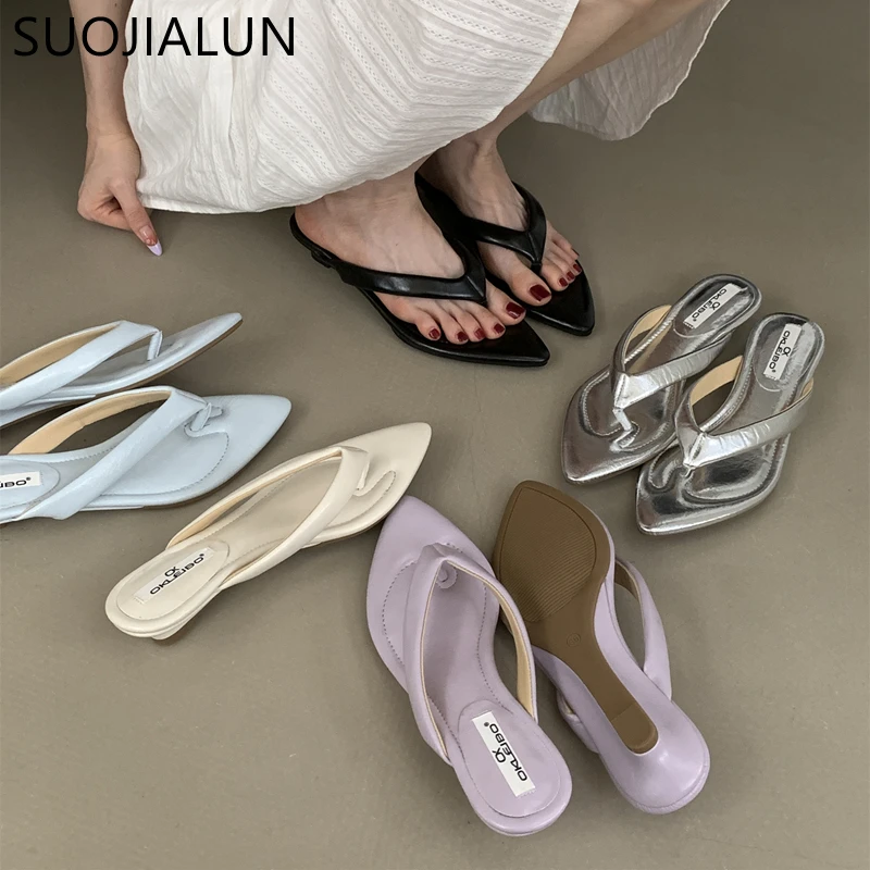 

SUOJIALUN 2025 Summer New Women Slipper Fashion Pointed Toe Slip On Flip Flop Shoes Low Wedge Heel Outdoor Vacation Slides Shoes