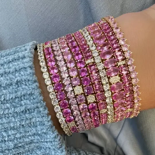 Iced Out Bling White Pink Rainbow CZ Tennis Chain Bracelet For Women High Quality Iced Out Bling Jewelry Collection