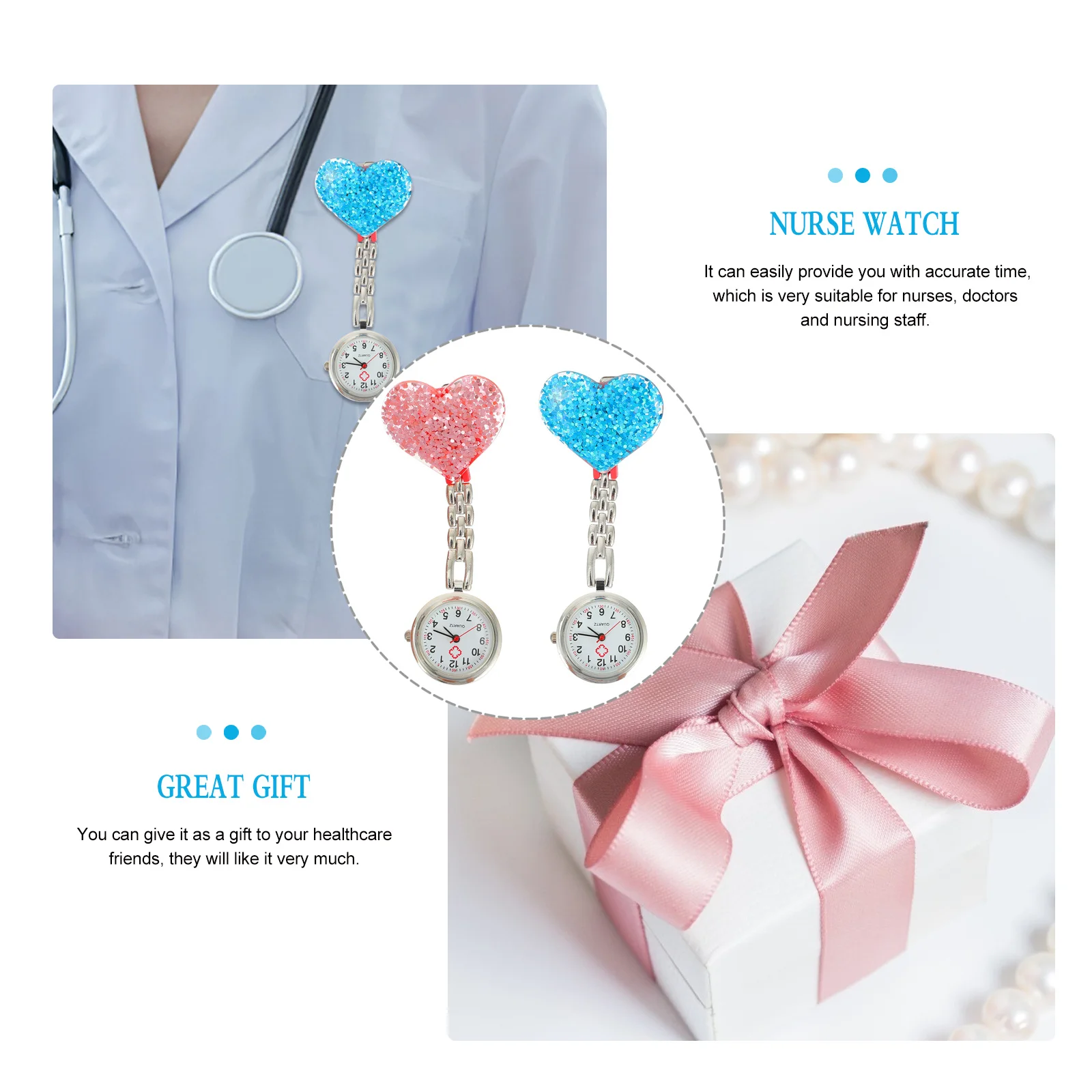 

2Pcs Heart-Shaped Crystal Nurse Clip-on Watch Hanging Nurse Pocket Watch Practical Timekeeping for Medical Staff Women