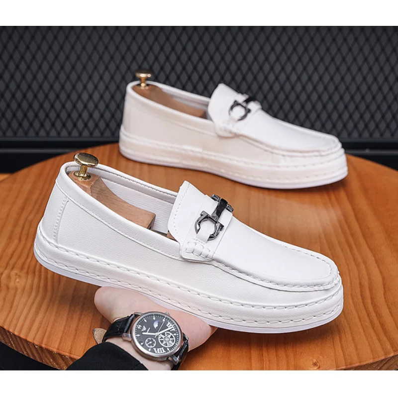 Mens Shoes New Style Men's Casual Shoes British Single Shoes Soft Sole Inner Elevated Leather Shoes Men One Step Step Lazy Shoes