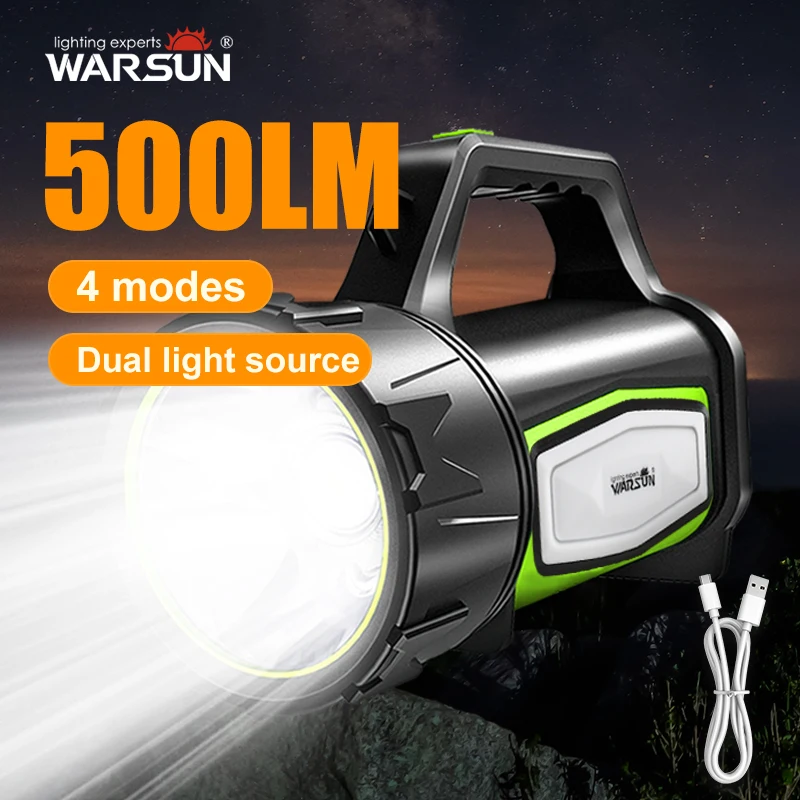 WARSUN H883 Portable Searchlight - 500Lm Rechargeable LED Flashlight with Side Lights, IPX5 Waterproof, 4 Modes