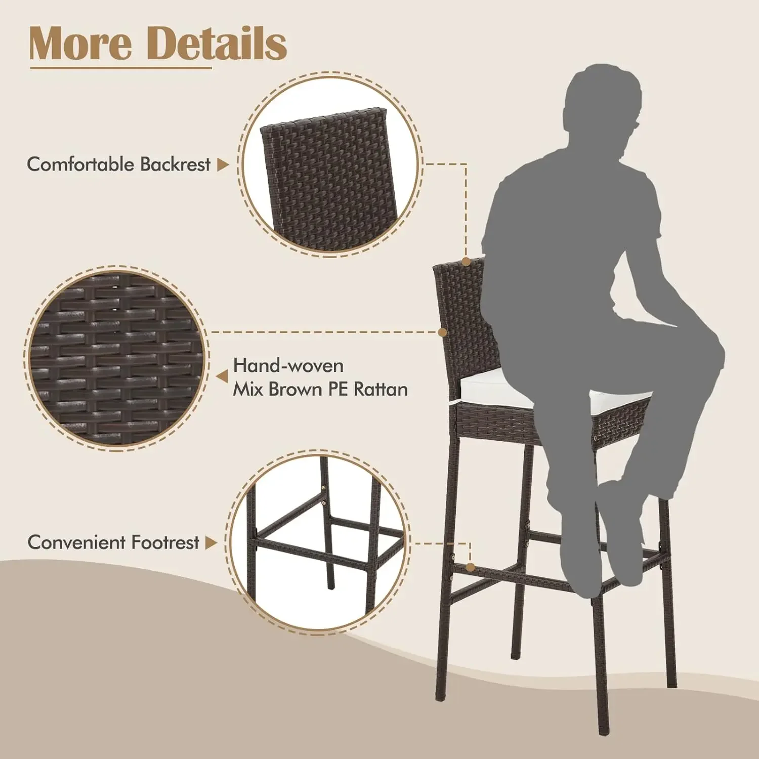 Pátio Wicker Barstools,Outdoor Bar altura cadeira, almofada do assento macio, apoio para os pés acolhedor, Heavy-Duty Metal Frame para quintal, conjunto de 1, 2