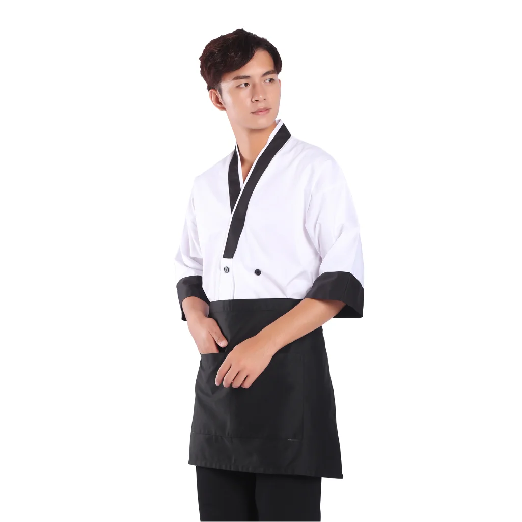 Japanese Style Black White Patchwork Chef Uniform Sushi Chef Uniform Ticking Fabric with Embroider Logo for Japanese Restaurant