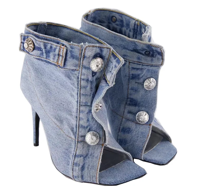 

Denim Square Toe Ankle Summer Women Sandals Stiletto High Heels Button Design Large Size Fashion Lady Shoes