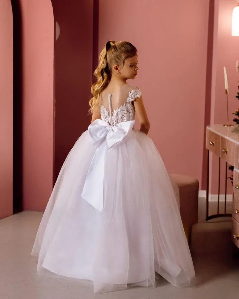 Vestido de niña de flores de encaje para bodas vestido de comunión vestidos largos de tul para niña con lazo vestido de princesa para dama de honor junior