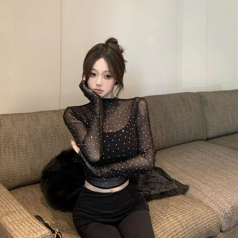 Xpqbb Fashion Rhinestones Lace T-shirt Women Black Sexy See Through Mesh Crop Top Female Long Sleeve Beach Party Club Tees Tops