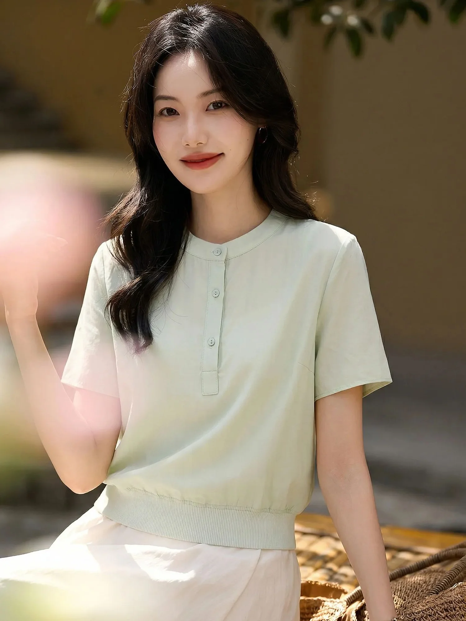 

Elegant Style Silk Loose Fit Short Sleeve round Neck Slimming Shirt Women's Summer New Arrival Versatile Casual Shirt