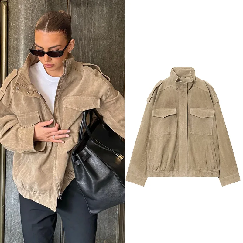 

Women Casual Jacket Autumn Lapel Zipper Long Sleeve Pockets Coat Female 2025 New Vintage High Street Female Tops