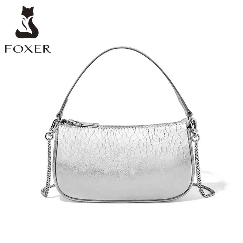 

FOXER High Quality Small Silver Handbag Girl's Stylish Female Phone Bag Lady Casual Zipper Split Leather Shoulder Crossbody Bags