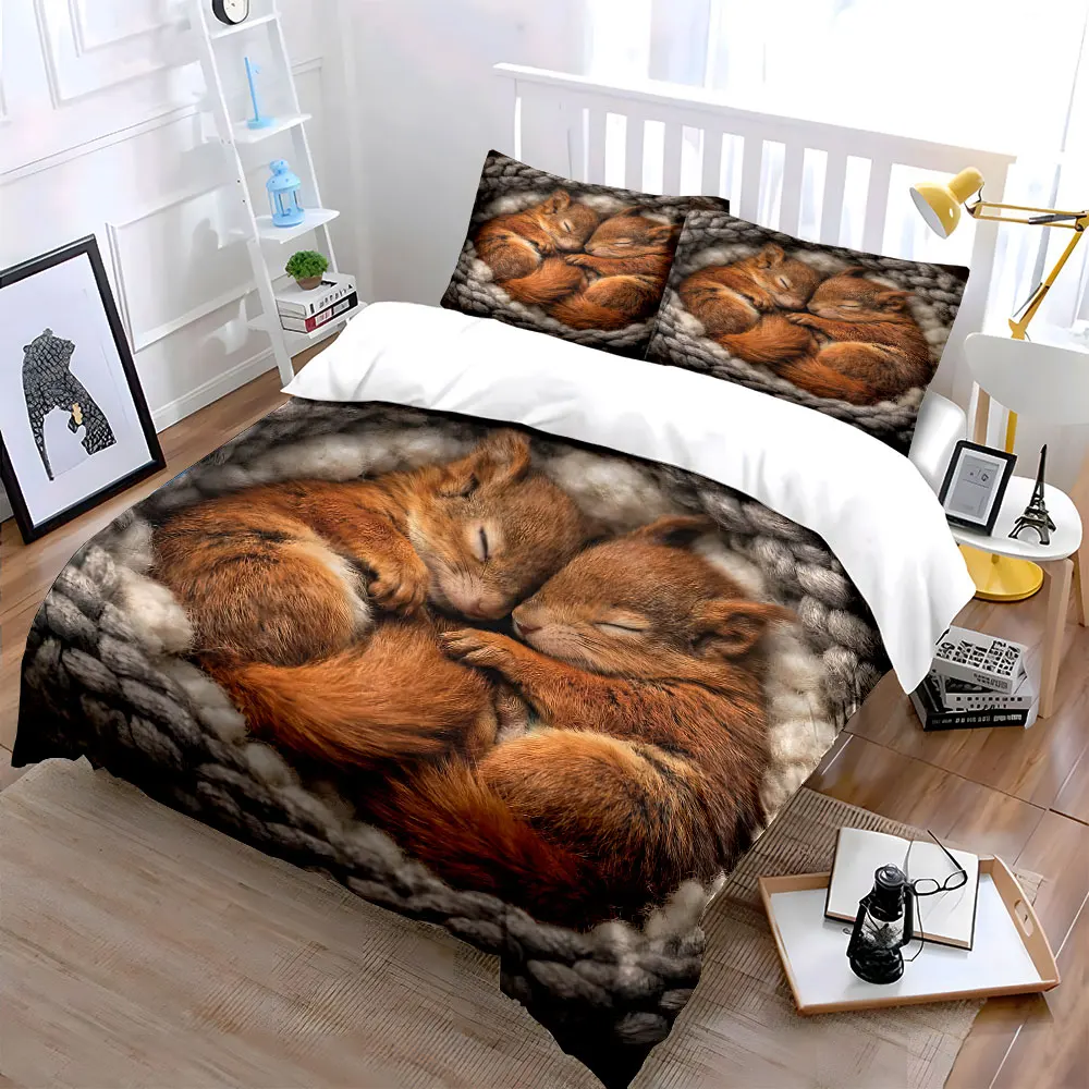 Two sleeping red squirrels Printed Duvet Cover Set1 Duvet Cover+2 PillowcaseMulti Size Bedroom Bedding Decor Luxury Gift