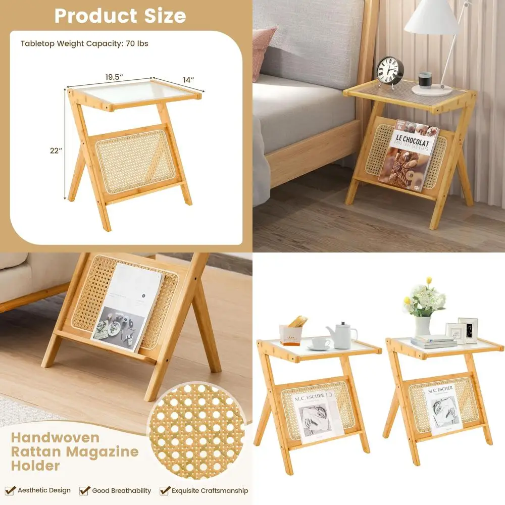 

Set of 2 Rattan End Tables with Z-Shape Design, Tempered Glass Top, Magazine Rack, Bohemian Style Nightstands, Small Coffee Tabl