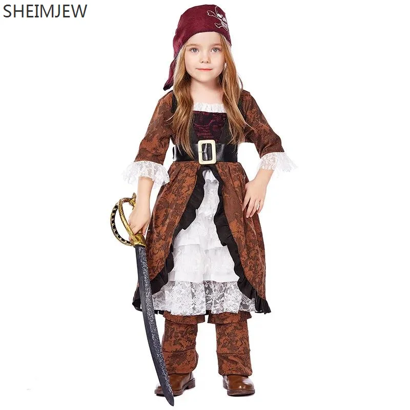 

Halloween Children Pirates Of The Caribbean Queen Cosplay Set Kids Pirate Stage Performance Costumes Carnival Party Dress Up