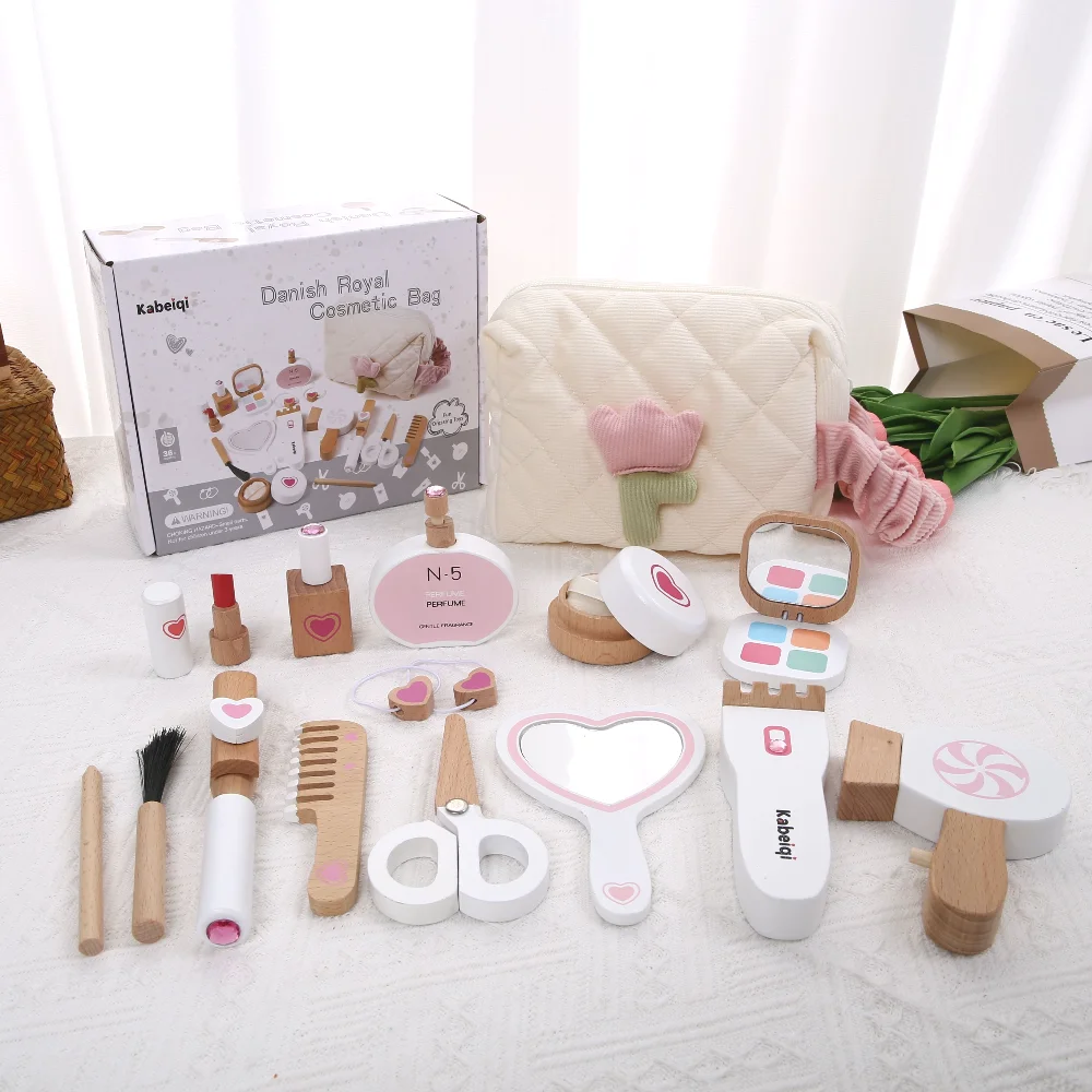 حقيبة مكياج للأطفال، لعبة اللعب، أداة مكياج محاكاة الأميرة الخشبية، هدية للفتيات الصغيرات #4