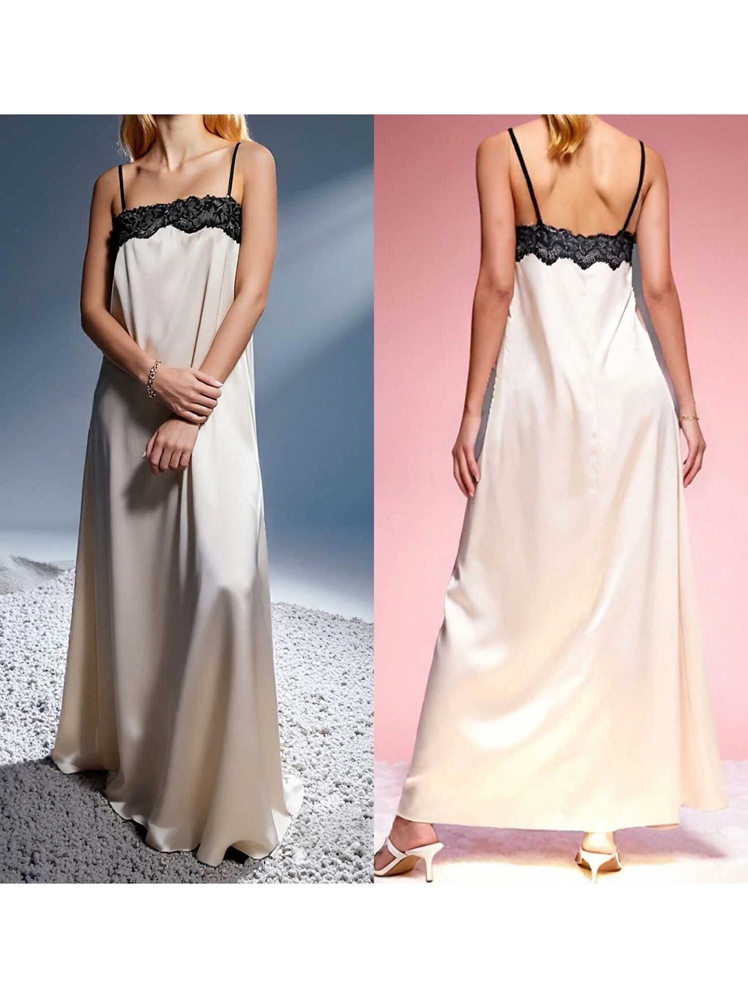 Elegante abito lungo in raso con dettagli in pizzo e spalline sottili, perfetto per eventi serali e occasioni speciali