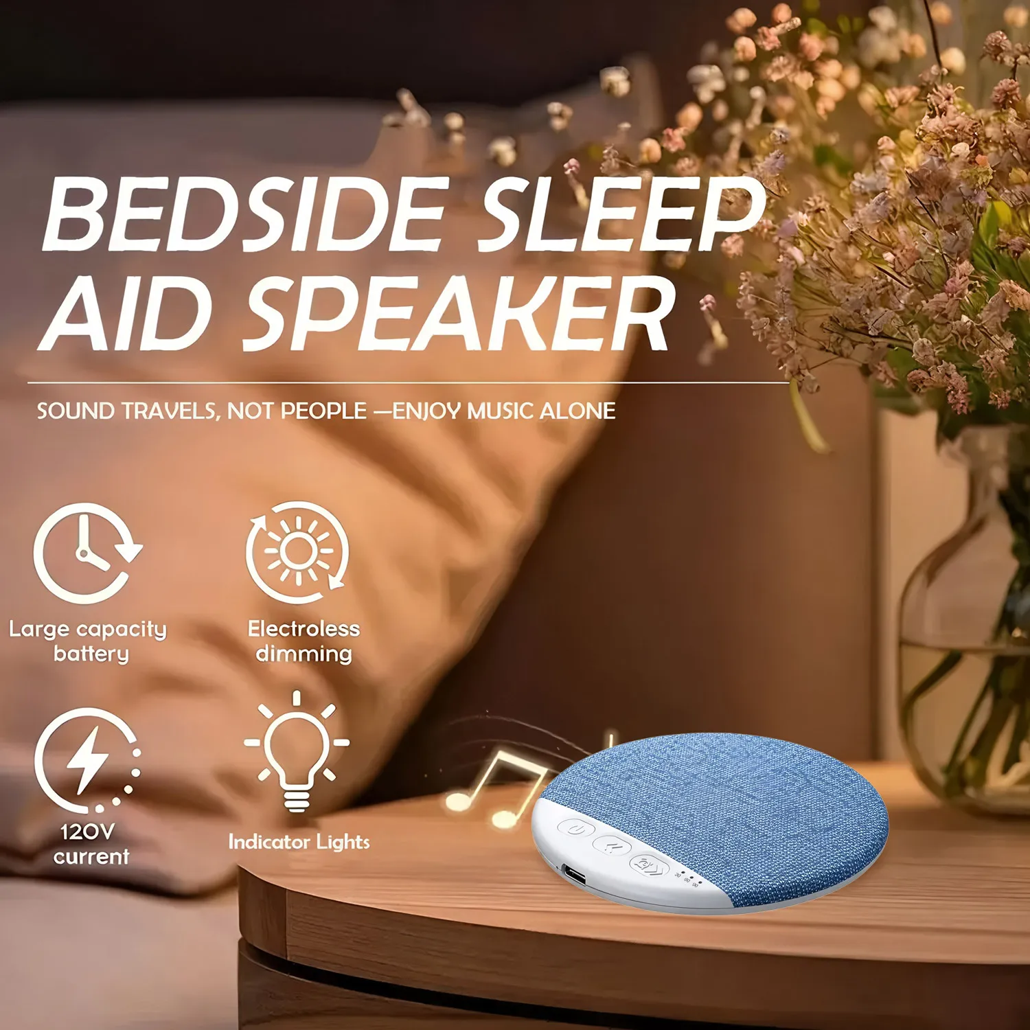 Sleep Aid Pillow Speaker Bluetooth 5.4 Wireless Mini White Noise Speaker Adjustable Timers,Long-Lasting Battery for Deep Sleep