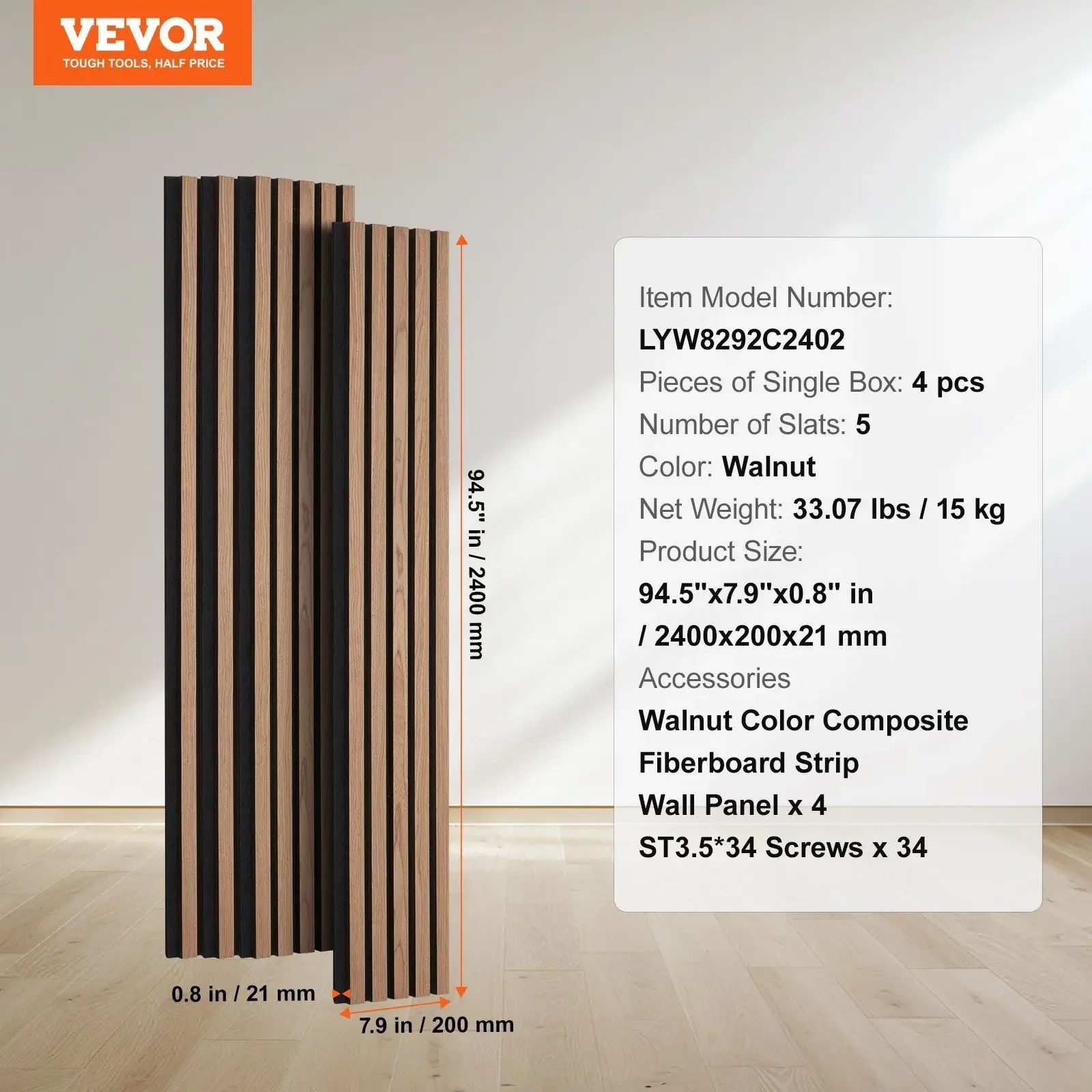 4 Stück Akustikplatten aus Holzlatten, 7,9 x 94,5 Zoll, für moderne Wanddekoration, Walnuss