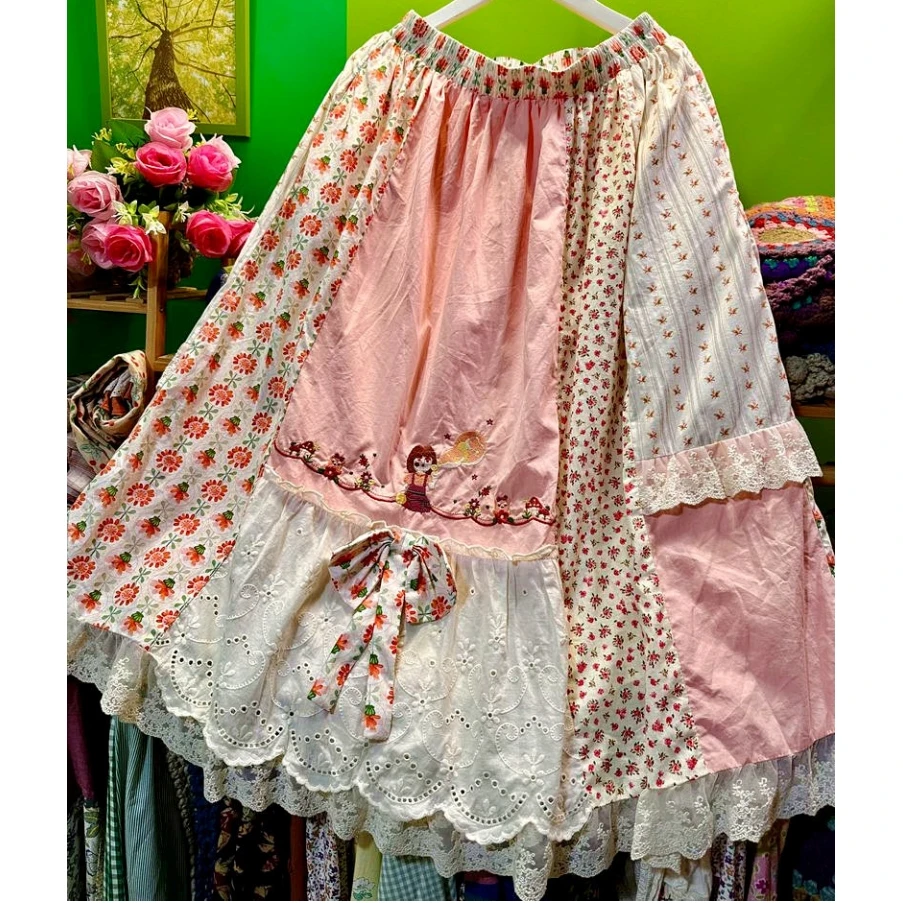 2026 Female Cotton Patchwork Lace Embroidery Midi Skirt with Bow Vintage Mori Girl Harajuku Sweet Lolita Kawaii Cute Long Skirt