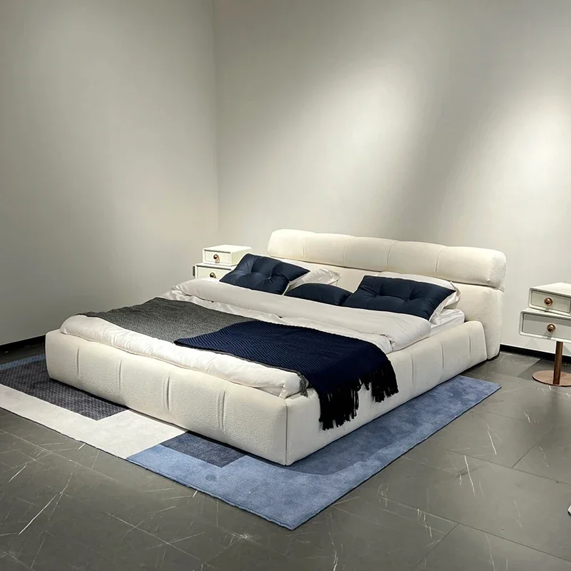 Modern Nordic Wool Fabric Bed, Italian Light Luxury Solid Wood Double Bed, Queen King Size Available
