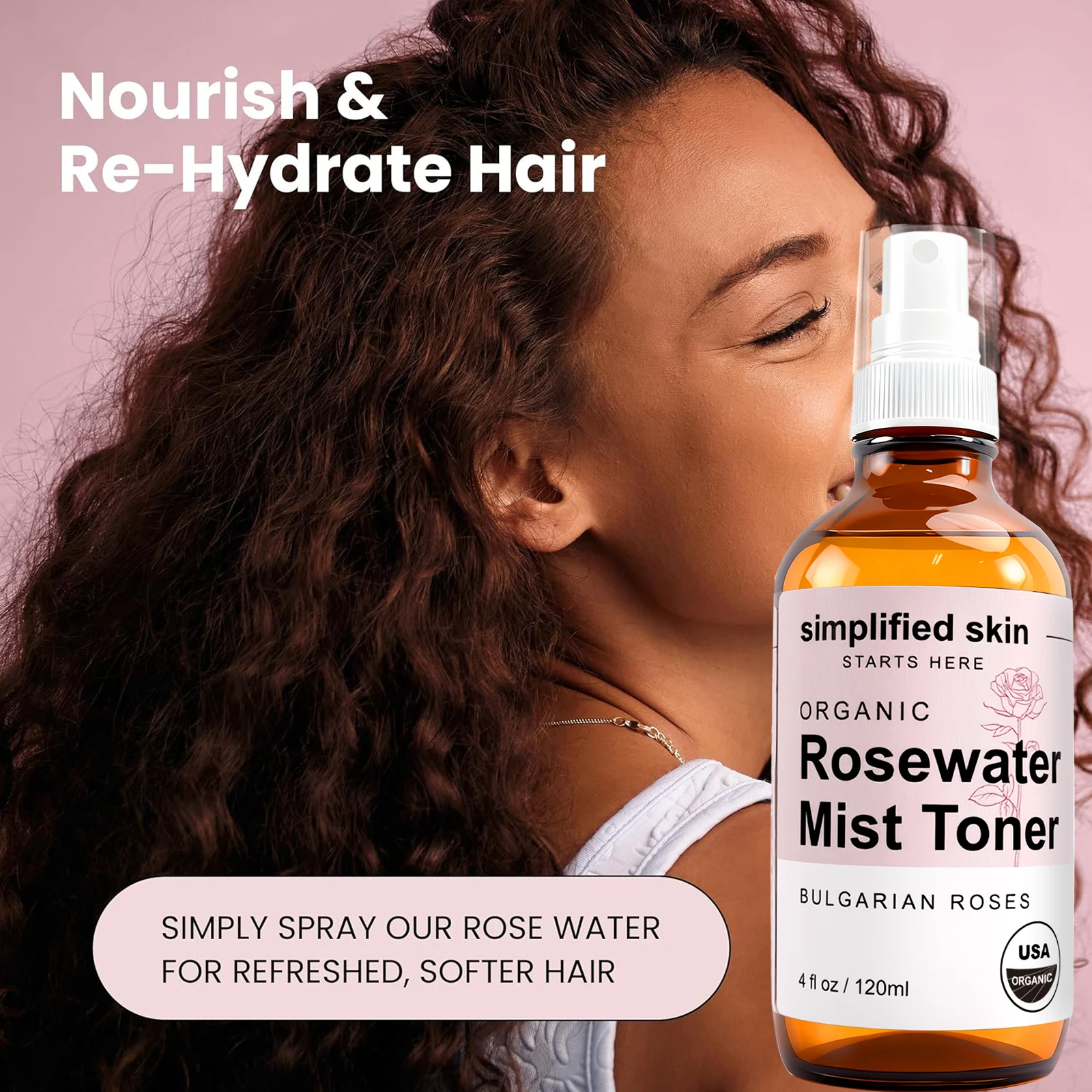 Tónico en aerosol facial con agua de rosa de 120 ml, niebla hidratante natural para el rostro, cuidado de la piel hidratante y refrescante, spray fijador de maquillaje