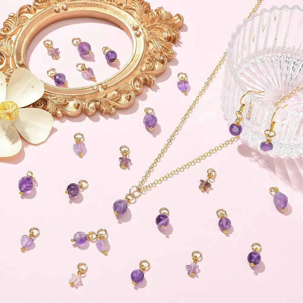 25pcs Mixed Natural Amethyst Dangle Charms Star Heart Round Faceted Beaded Pendants for DIY Bracelet Necklace Jewelry Making