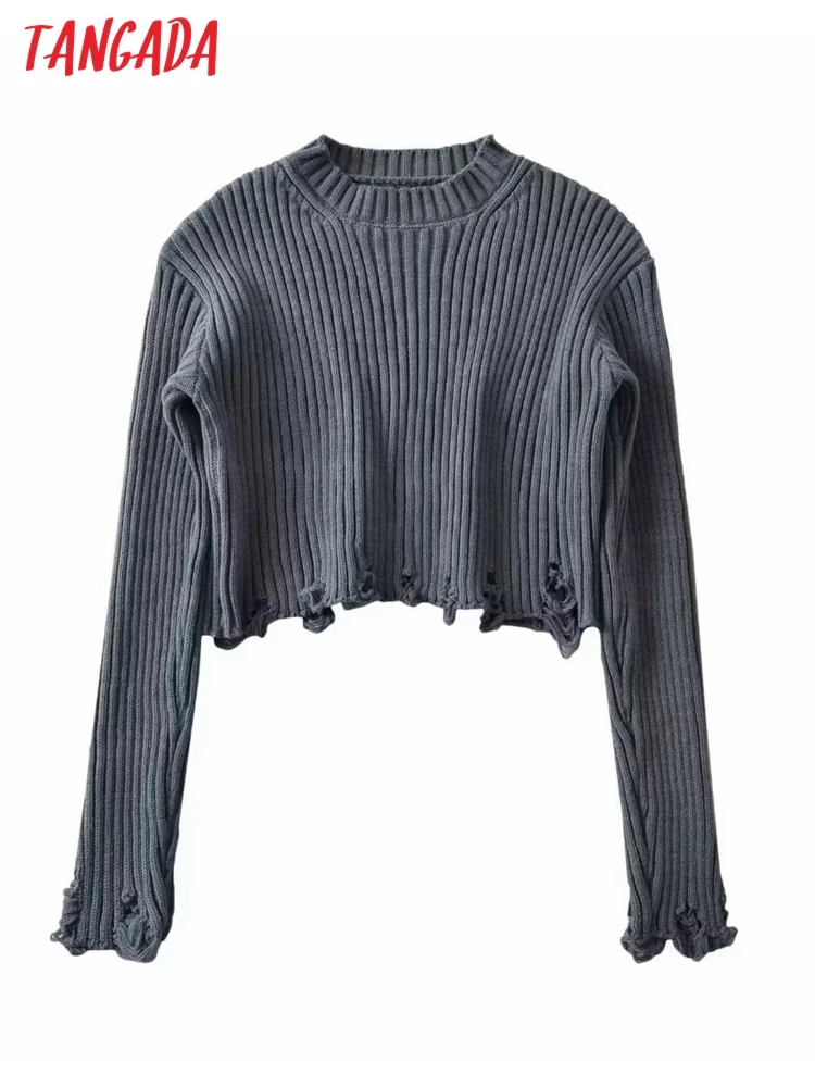 Tangada 2023 Winter Women Hollow Crop Sweater Long Sleeve Female Jumper 2U51