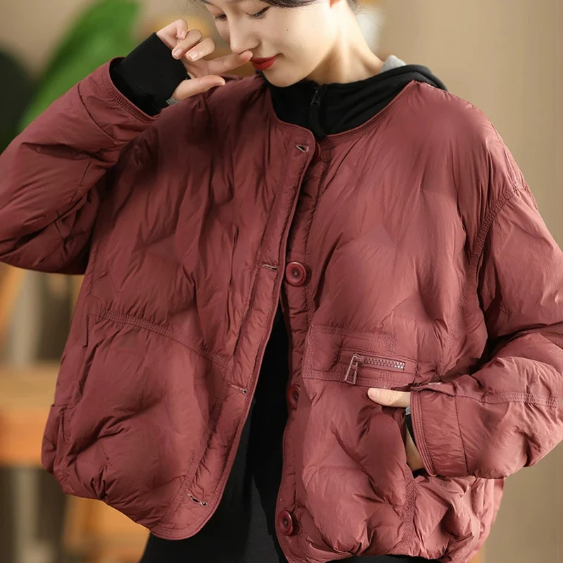 Schinteon 여성용 화이트 덕 다운 재킷 칼라리스 빈티지 가을 겨울 아우터 루즈 캐주얼 따뜻한 탑 2025 신상 코트