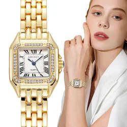 Luxury Women's Watches Fashion Rhinestone Roman Square Lady Quartz Watch Business Stainless Steel Gold Gift Wristwatches