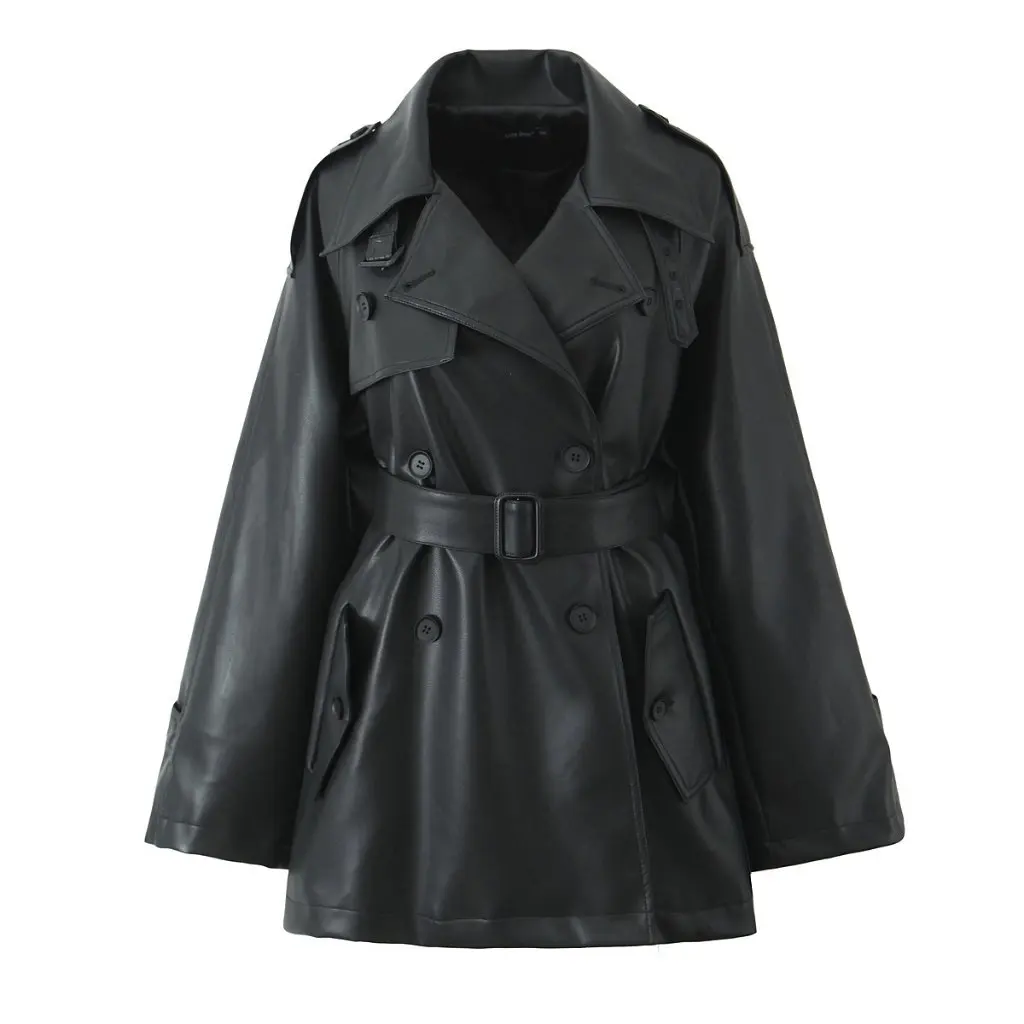 Leren damesjas met dubbele rij knopen, high-end strakke taille, casual losse pasvorm, halflange lengte voor de herfst