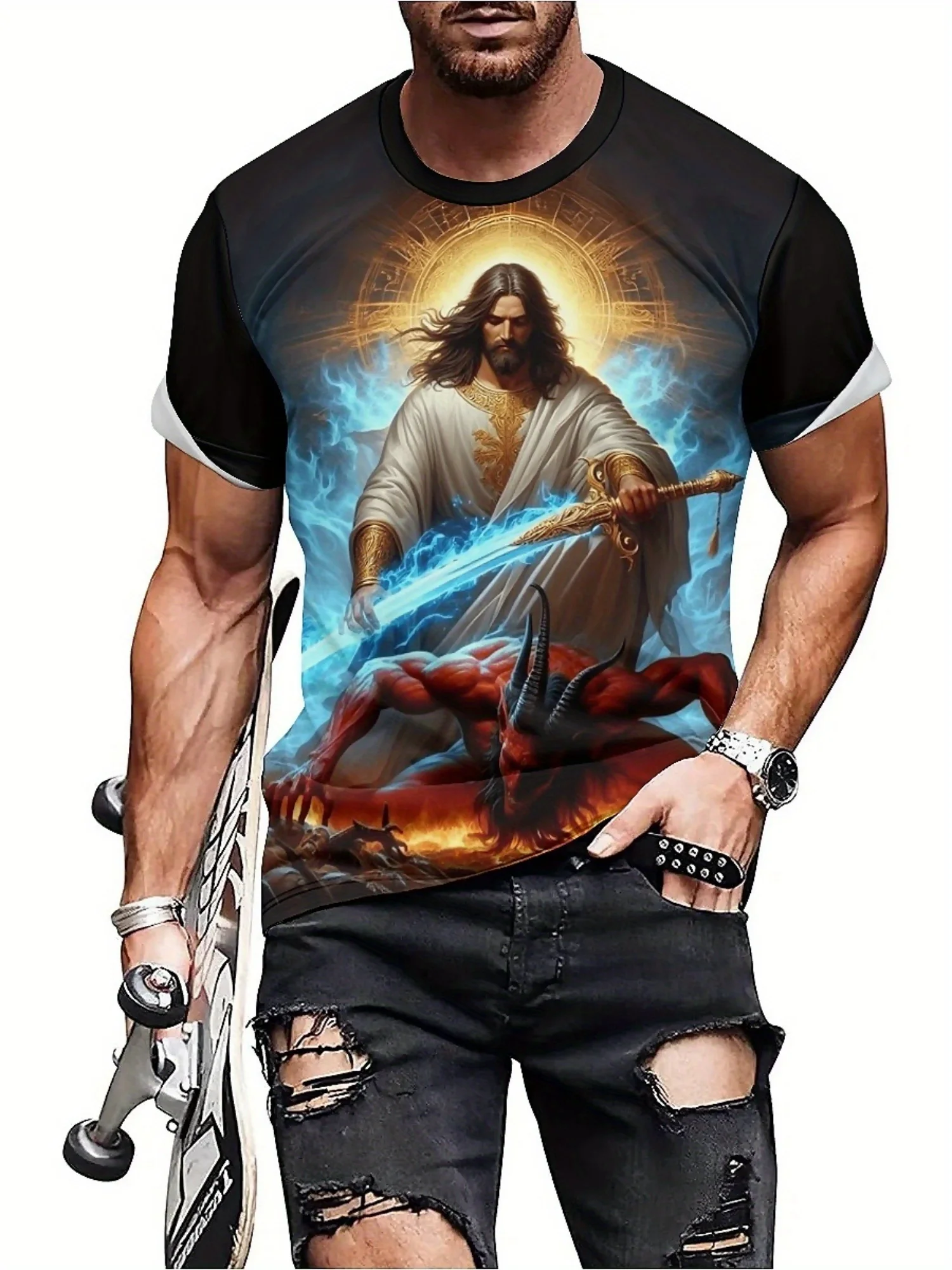 Jesus vs. Devil 3D Graphic T-Shirt - Bold Religious Battle Print, 100% Polyester, Loose Fit Short Sleeve Tee for Men & Teens